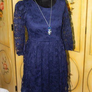 Dark Blue Long Sleeve Lace Mini Dress